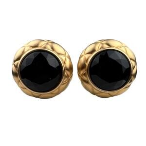 Marvella Vintage Chunky Matte Gold Tone Black Rhinestone Clip On Earrings